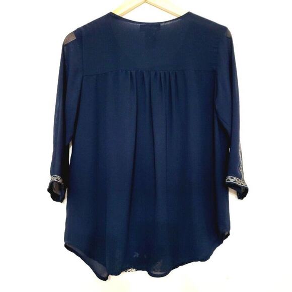 MM Couture by Miss Me Midnight Blue Art Deco Style Beaded Blouse Size Small - Picture 2 of 13